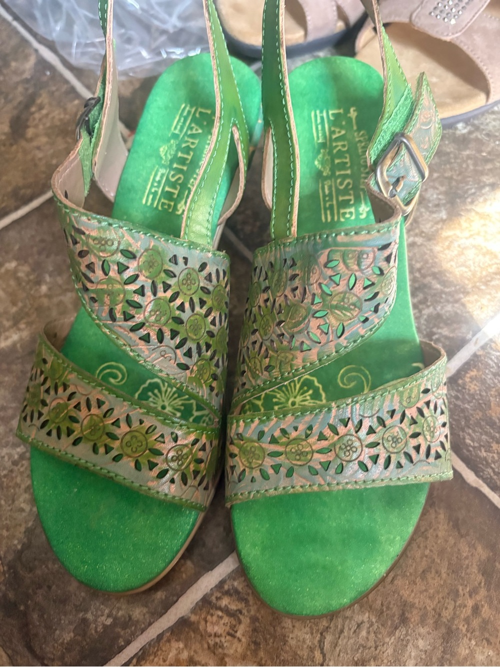 L'ATISTE Green Floral Laser-Cut Leather Slingback Sandals